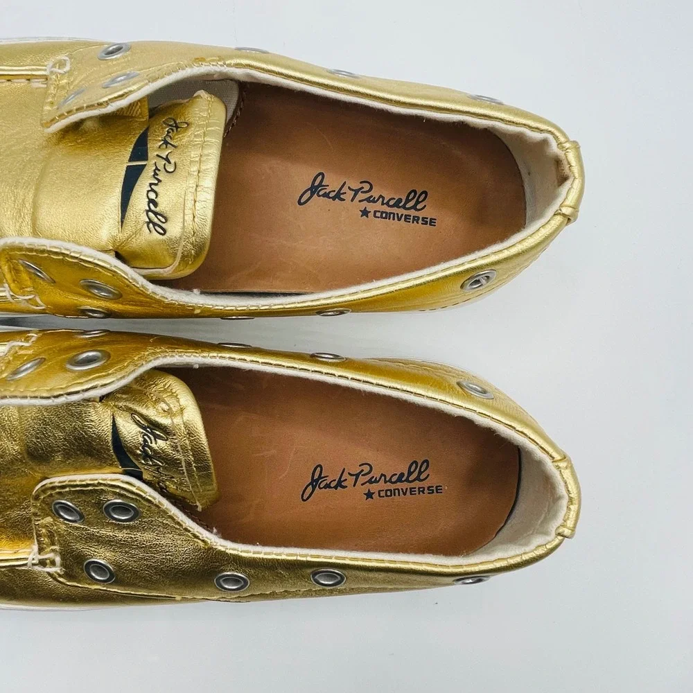 Converse Jack Purcell Womens Gold Metallic Leather Boat Shoes Slip On Sz 7